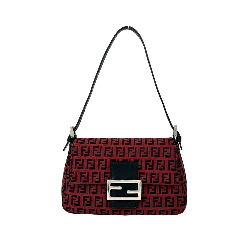 FENDI Zucchino FF Logo Hardware Canvas Leather Genuine Semi Shoulder Bag Hand...